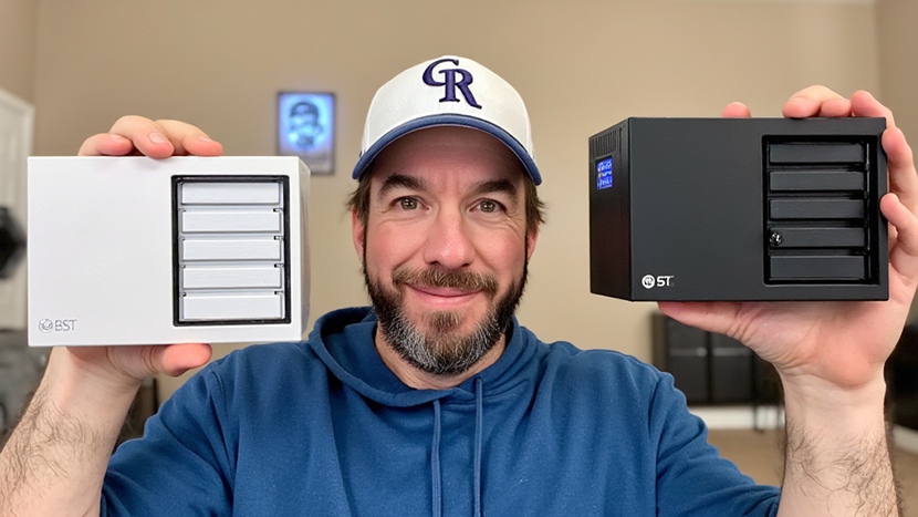 AI Generated Image of Brian holding two tiny DIY NAS machines