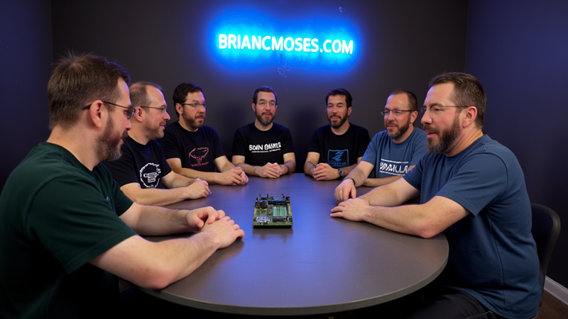 AI Generated Image of a bunch of Brians sitting around a table discussing a motherboard.