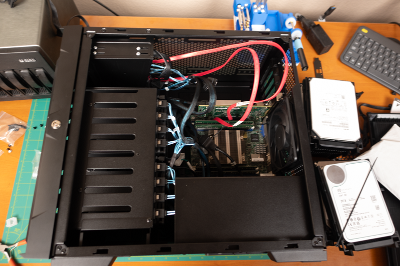 The interior of Brian's CS382 case with all sorts of room to squeeze in more storage and/or a bigger motherboard!