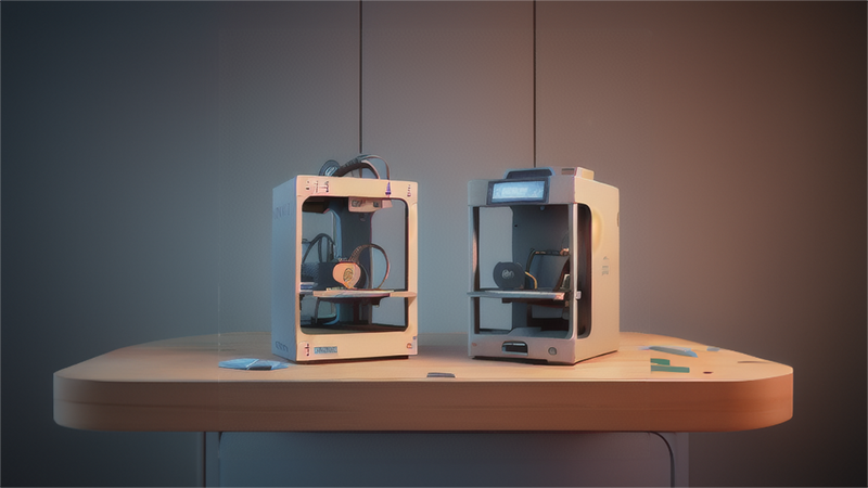 A pair of 3D printers sitting on a desk